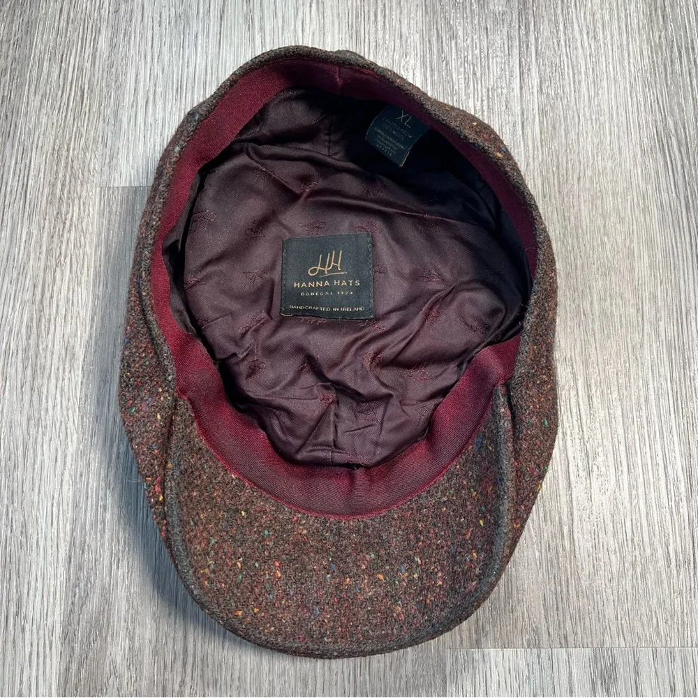 Hanna Hats Donegal Tweed Flat Cap Cap‎ 100% Wool Size XL Brown Ireland Newsboy